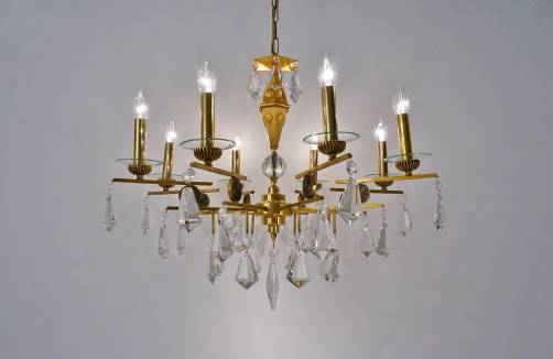 Tommi Parzinger chandelier brass with crystals, 1940`s, American
